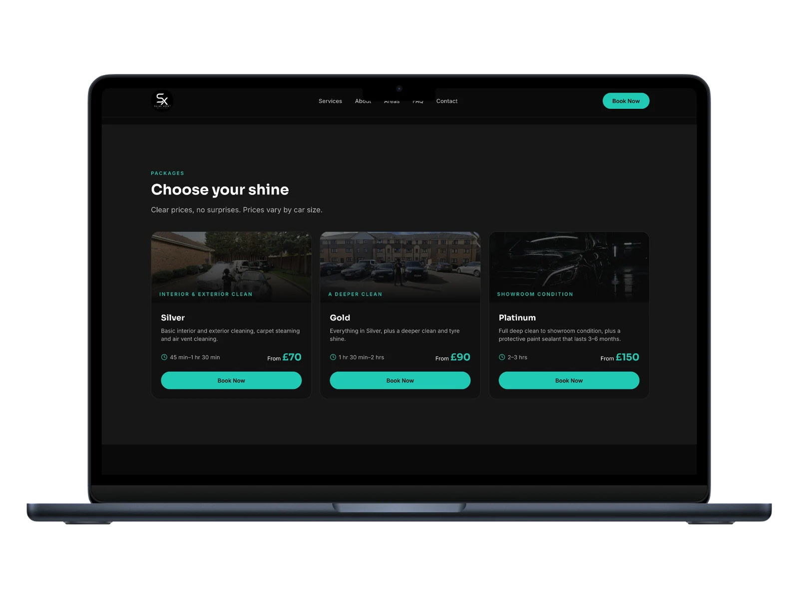 ShineXpert laptop mockup showing Choose your shine packages